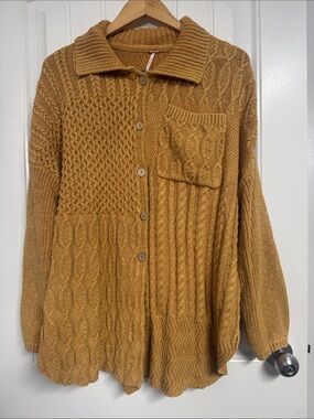 Free People Cable Knit Button-Up Cardigan in Mustard